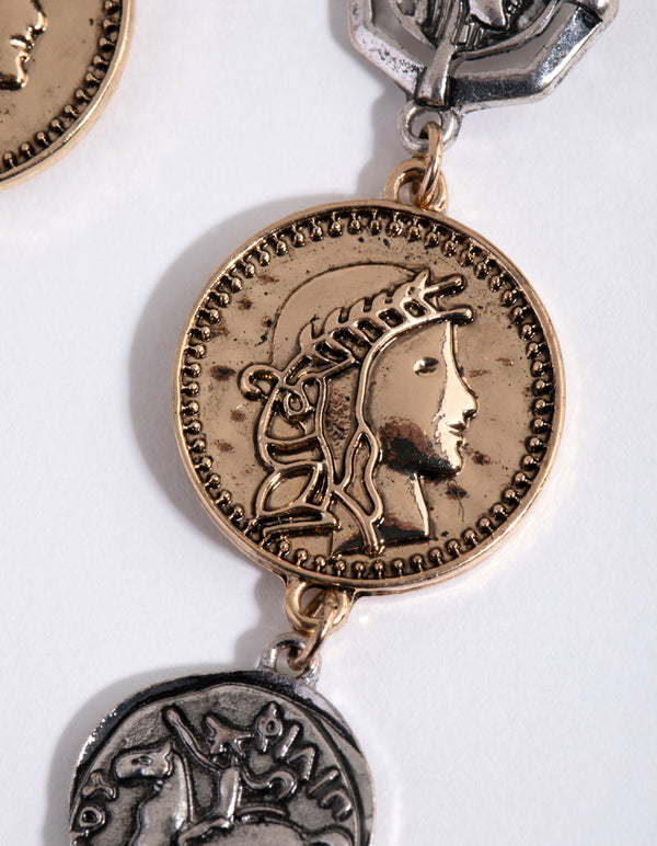 Mixed Metal Tripple Coin Hoop Earrings