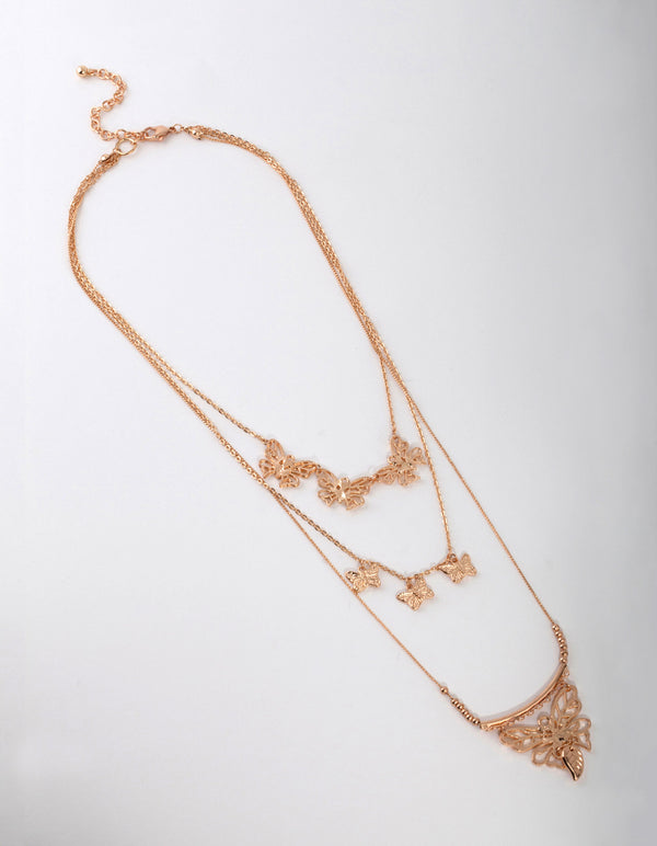 Worn Gold Butterfly Multi Layer Necklace
