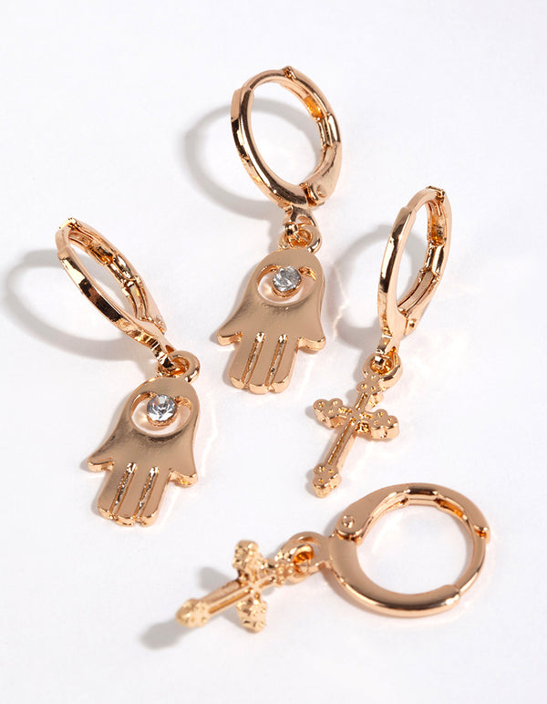 Gold Hand & Cross Hoop Earring Pack