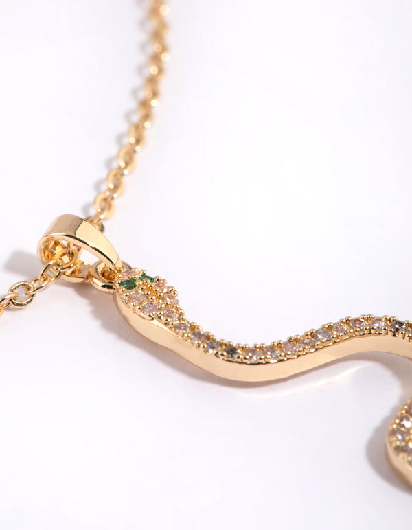 Gold Cubic Zirconia Snake Pendant Necklace