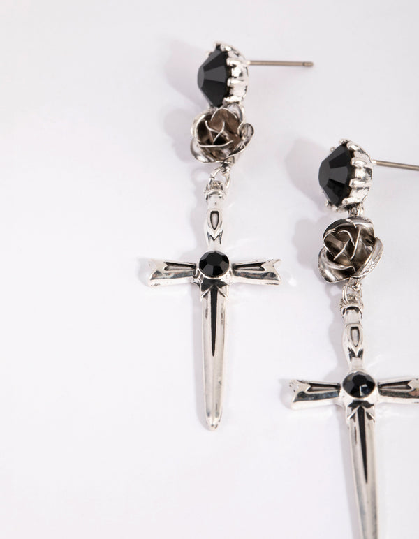 Antique Silver Rose & Sword Drop Earrings