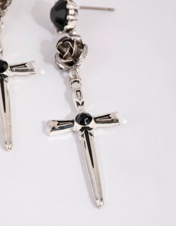Antique Silver Rose & Sword Drop Earrings