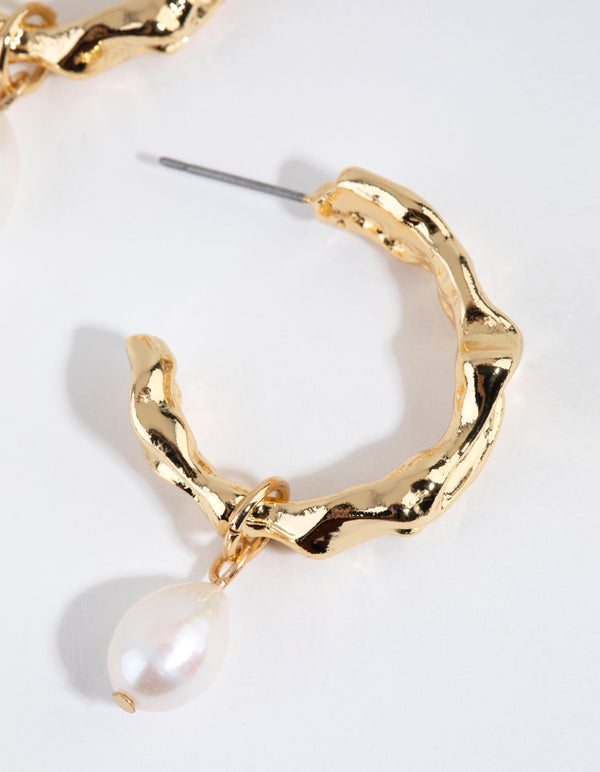 Gold Plated Freshwater Pearl Molten Hoop Earrings