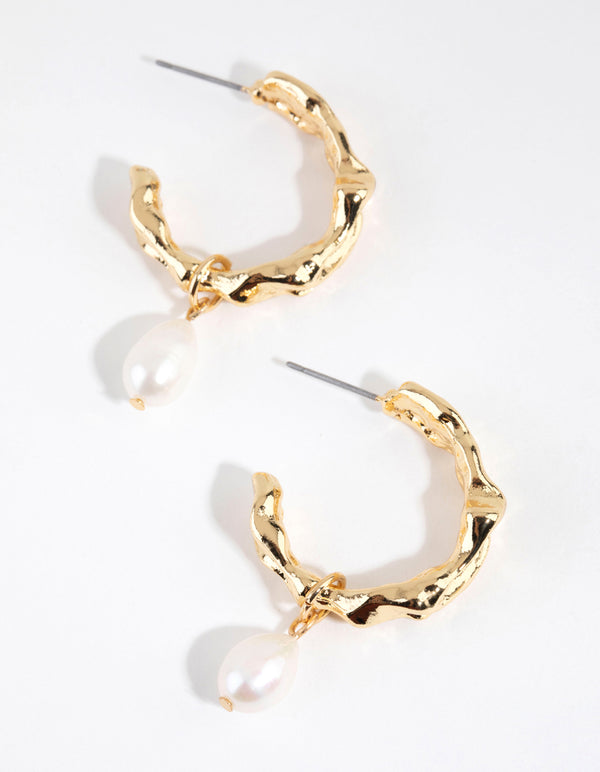 Gold Plated Freshwater Pearl Molten Hoop Earrings
