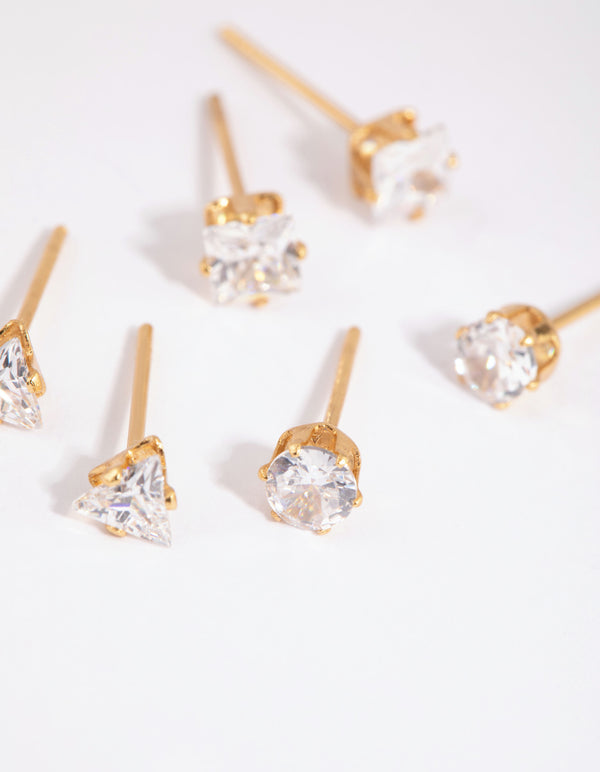 Gold Plated Surgical Steel Cubic Zirconia Mixed Shape Stud Earrings