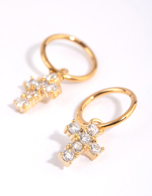 Gold Plated Surgical Steel Cubic Zirconia Cross Sleeper Earrings
