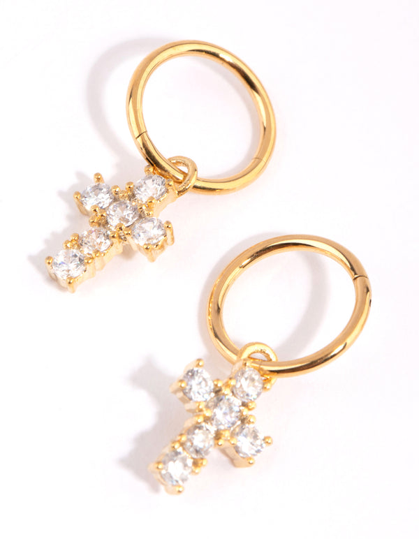 Gold Plated Surgical Steel Cubic Zirconia Cross Sleeper Earrings