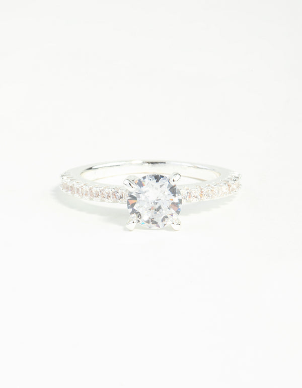 Silver Plated Round Cubic Zirconia Textured Band Ring