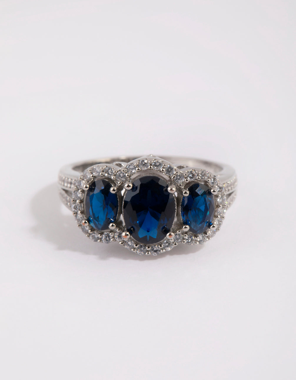 Silver Sapphire Cubic Zirconia Triple Stone Ring