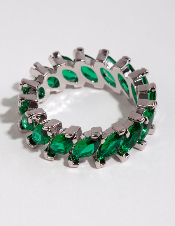 Silver Emerald Cubic Zirconia Navette Ring