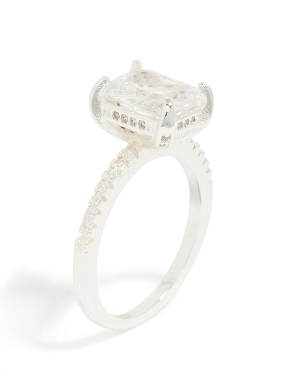 Silver Emerald Cut Cubic Zirconia Diamante Band Ring