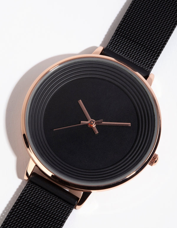 Rose Gold Simple Black Mesh Strap Watch