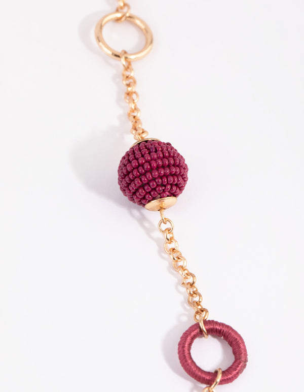 Gold & Pink Seed Beed Thread Wapped Long Necklace