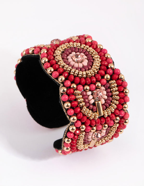 Gold & Red Beaded Scallop Cuff Bracelet