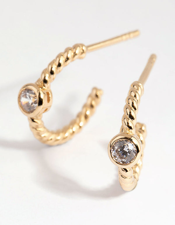 Gold Plated Sterling Silver Diamante & Twist Hoop Earrings