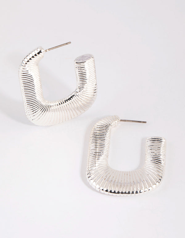 Silver Ribbed Open Rectangle Earrings