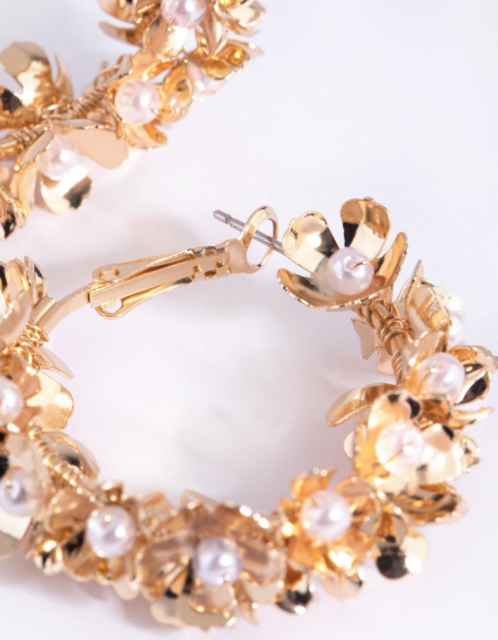 Gold Pearl Flower Hoop Earrings