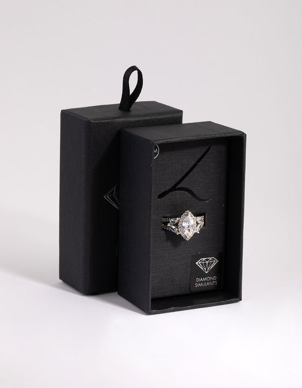Silver Diamond Simulant Marquise Vintage Ring