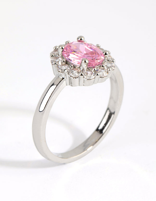 Silver Pink Cubic Zirconia Oval Ring