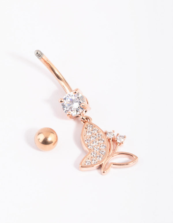 Rose Gold Surgical Steel Crystal Butterfly Belly Bar