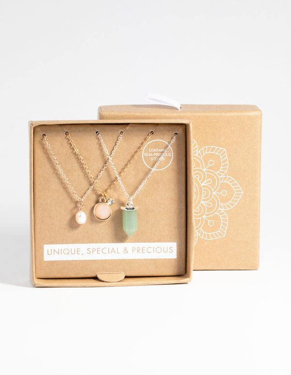 Mixed Metal Semi-Precious Pearl Necklace Set