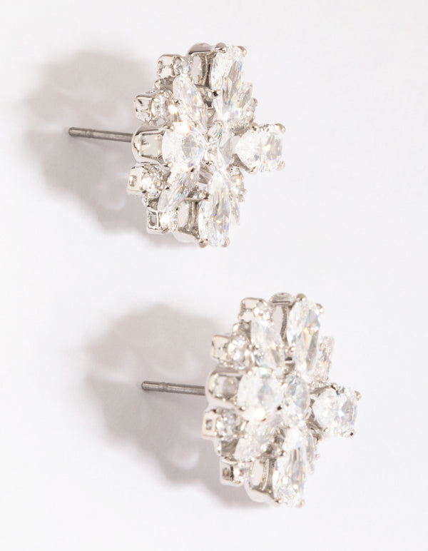 Silver Cubic Zirconia Flower Stud Earrings