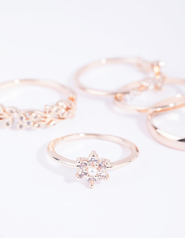 Rose Gold Cubic Zirconia Daisy Ring 5-Pack