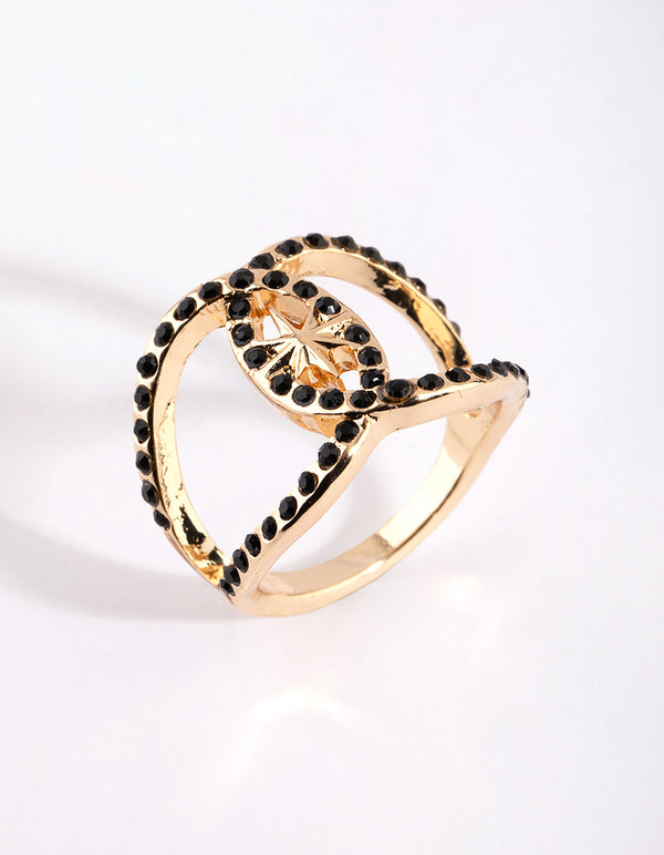 Gold & Black Diamante Ring