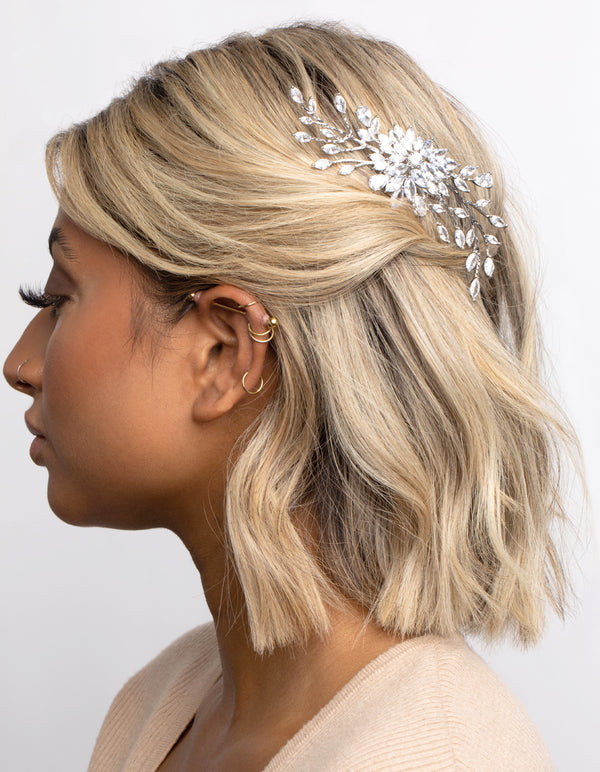 Rhodium Cubic Zirconia Floral Milky Way Comb