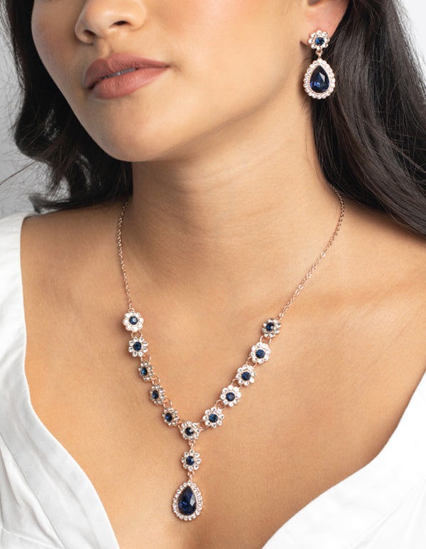 Rose Gold Diamante Flower Necklace & Earrings Set