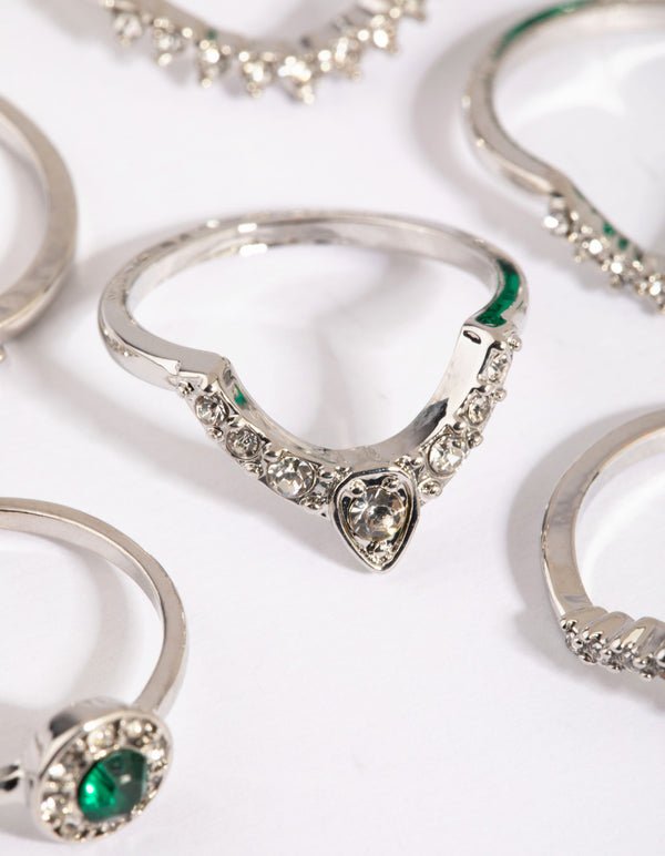 Silver Green Diamante Ring Pack
