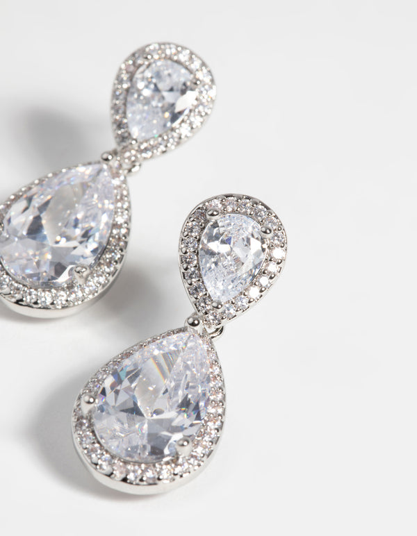 Silver Diamond Simulant Classic Teardrop Earrings