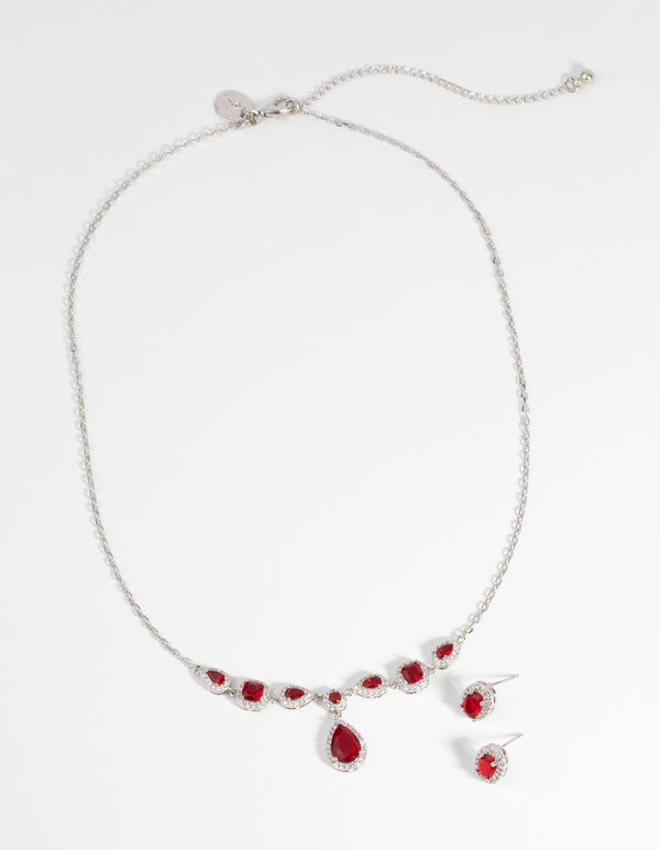 Ruby Diamond Simulant Oval Necklace & Earrings Set