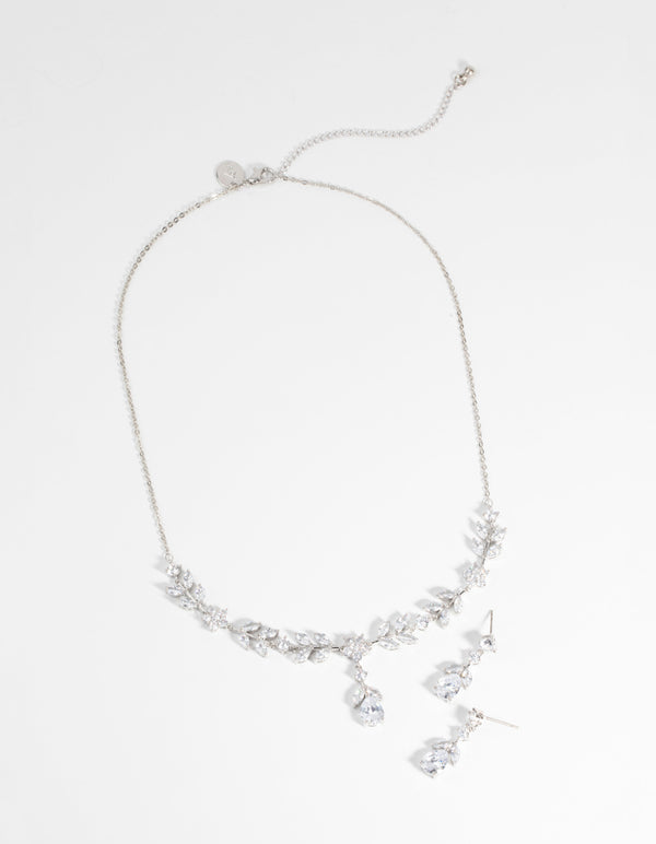 Silver Diamond Simulant Floral Necklace & Earrings Set