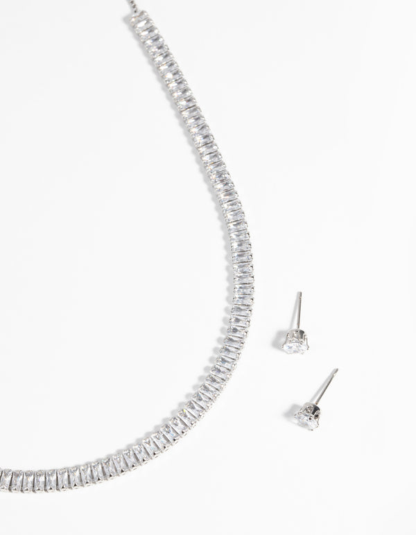 Silver Diamond Simulant Baguette Necklace & Earrings Set