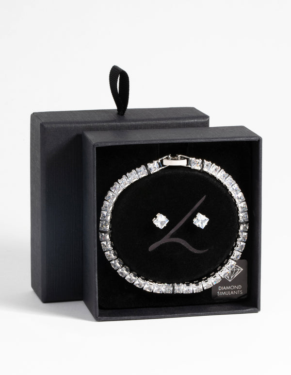 Silver Square Diamond Simulant Bracelet & Earrings Set