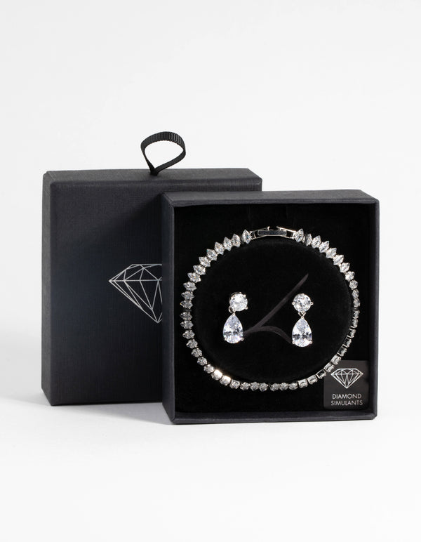 Silver Diamond Simulant Marquise Bracelet & Earrings Set