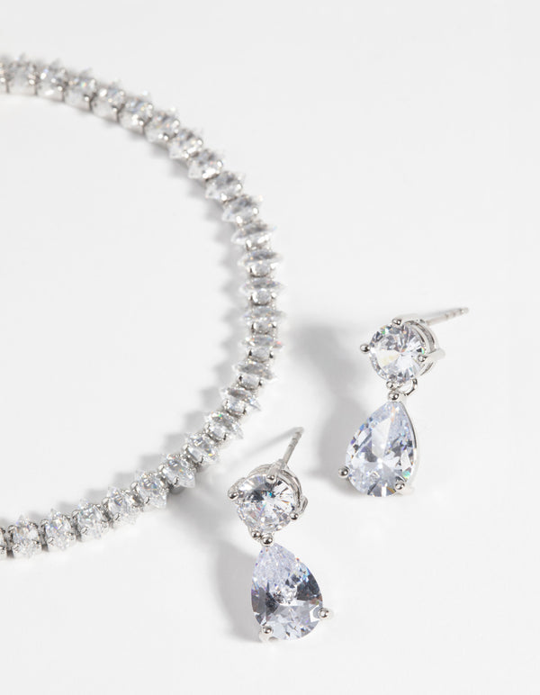 Silver Diamond Simulant Marquise Bracelet & Earrings Set