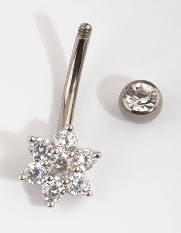 Titanium Diamante Flower Belly Bar