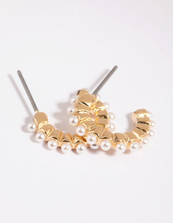 Gold Huggie Hoop Earrings with Pearls