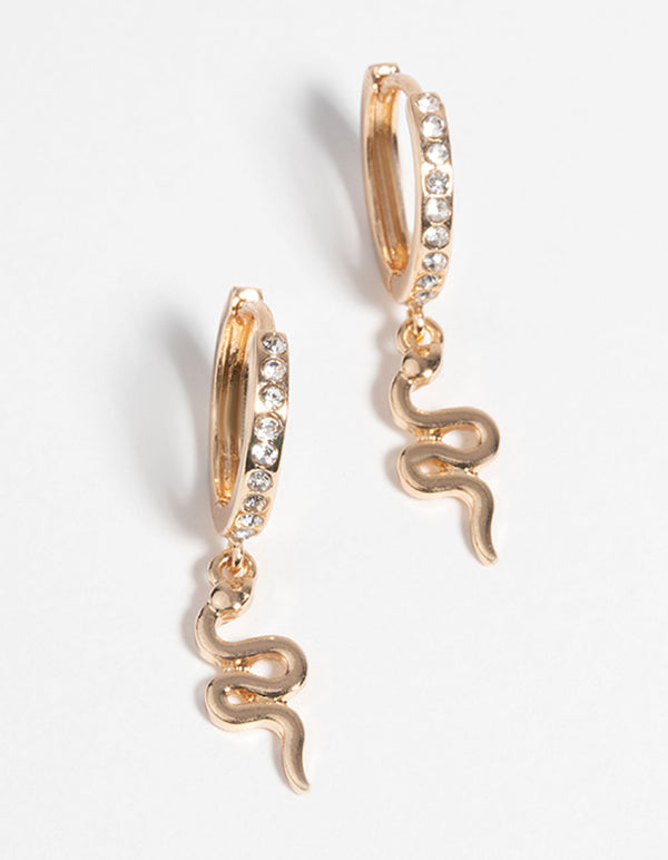Gold Snake & Diamante Huggie Hoop Earrings