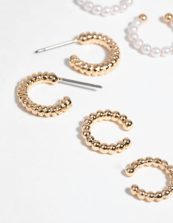 Gold Pearl & Twist Cuff Earring 4-Pack