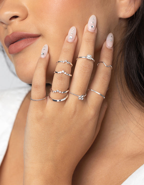 Silver Pearl & Diamante Ring 9-Pack