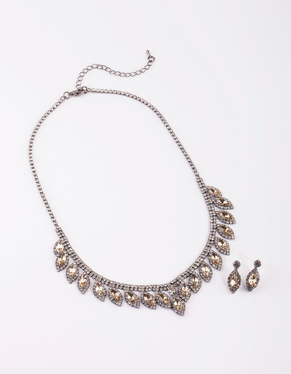 Gunmetal Marquise Diamante Necklace & Earrings Set