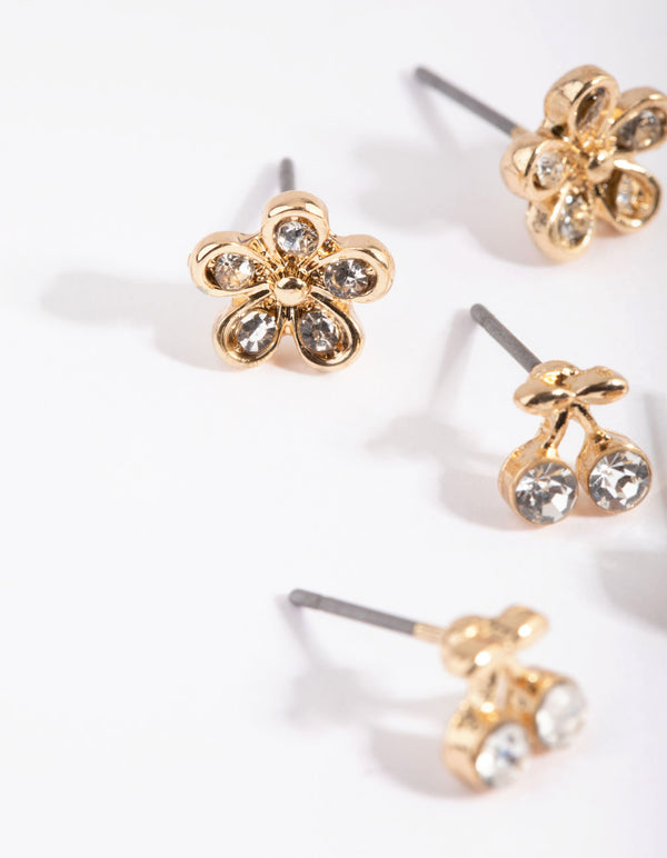 Gold Cherry & Flower Diamante Stud Earring Pack