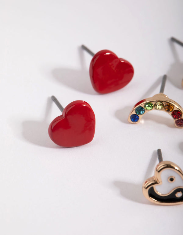 Gold Heart & Rainbow Stud Earring Pack