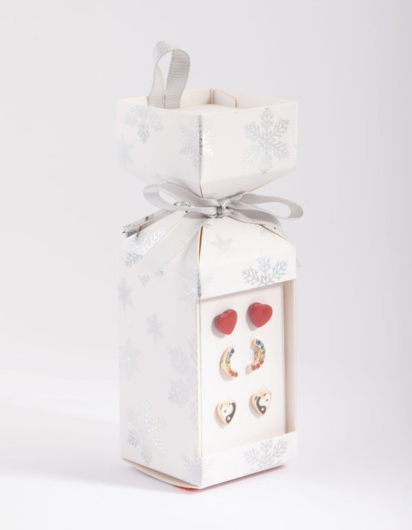 Gold Heart & Rainbow Stud Earring Pack