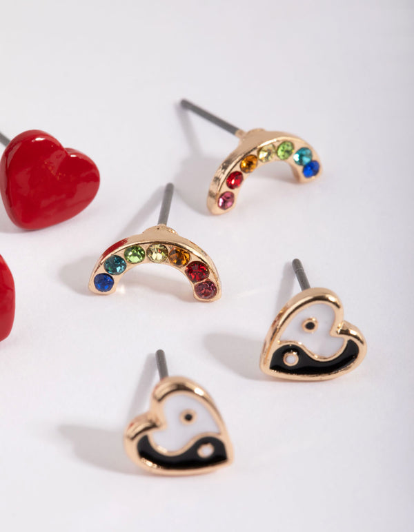Gold Heart & Rainbow Stud Earring Pack