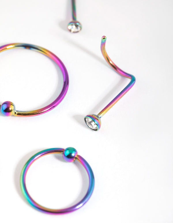 Surgical Steel Rainbow Nose Ring 6-Pack