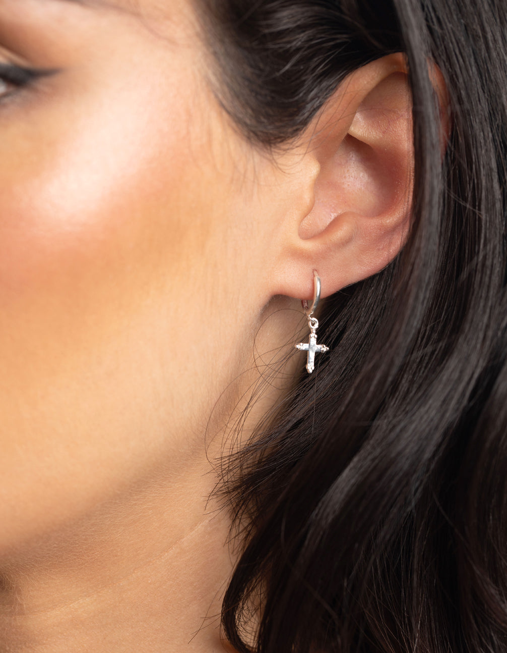 Sterling Silver Cross Huggie Hoop Earrings
